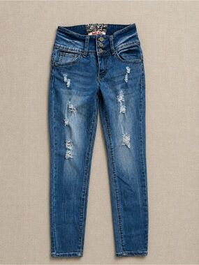 Hot Kiss Distressed Skinny Jeans Size 3 Medium Wash High Rise